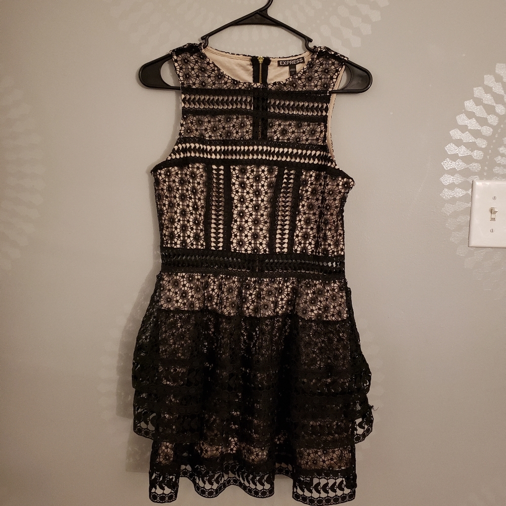 Express nude lined black lace layered mini dress